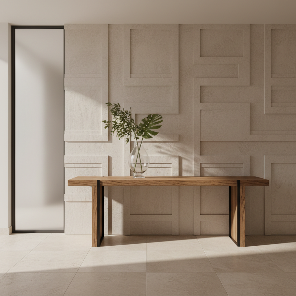 A carefully styled villa entryway showcasing a handcrafted wooden console table topped with a single, oversized glass vase holding minimalist green foliage, set upon smooth, light stone floors. The back wall features a geometric inlay in textured beige plaster, adding dimension and visual interest. Soft, indirect natural light filters through a frosted glass sidelight, creating understated highlights and subtle shadow gradients along the surfaces. The atmosphere is polished and composed, with a sense of anticipation and professional order. Photographed from a straight-on angle, the composition is cleanly structured and centered to convey the corporate, neutral-toned aesthetic of a luxury vacation rental listing site.