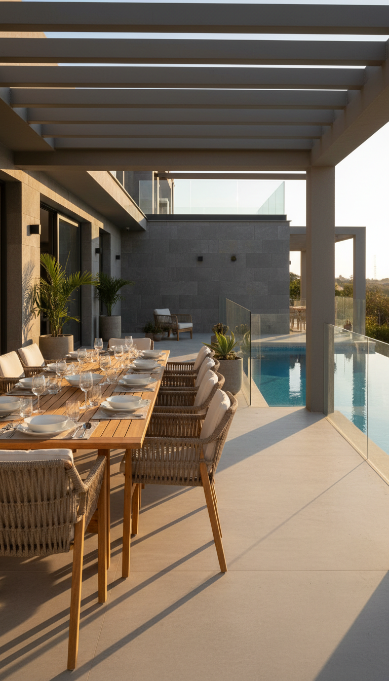 A spacious outdoor dining area overlooking a pristine, tiled pool, set against the backdrop of a contemporary villa with matte stone cladding and seamless glass railings. A long, slatted teak table is meticulously set with crisp white dishware and pale linen napkins, flanked by structured rattan chairs with plush neutral cushions. Early evening golden hour lighting bathes the scene in a warm, gentle glow, with soft shadows casting geometric patterns across the space. The composition is thoughtfully balanced, shot from a side view that captures the structured symmetry and professional styling. The mood is inviting yet elegant, epitomizing a high-caliber vacation rental in a photographic, clean modern aesthetic.